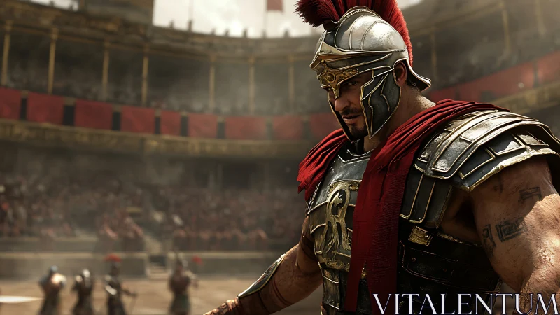Stoic Roman gladiator poised in a roaring grand arena.