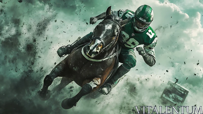 Football warrior riding horse through explosive storm field.