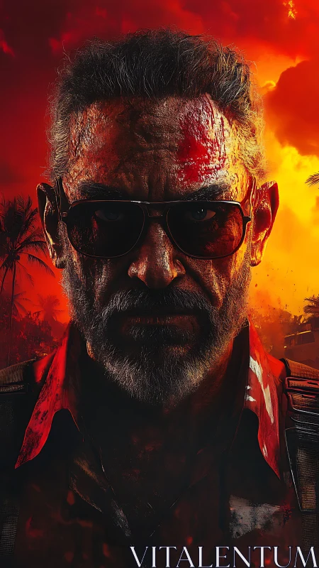 Cinematic guerrilla commander under incendiary sunset sky.