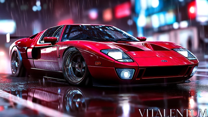 Red sports car on wet neon city street at night.