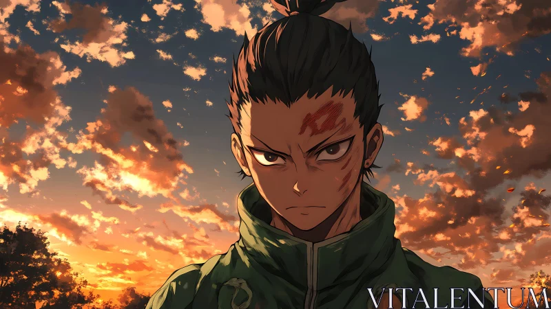 Anime fighter with scarred face stands under vivid sunset sky