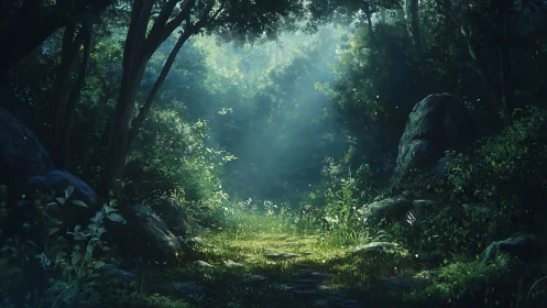 Forest canyon with dramatic sunlight filtering through dense canopy