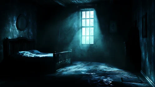 Moonlit dust swirling through abandoned bedroom gloom.
