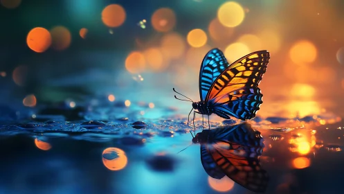 Bioluminescent butterfly reflected on wet surface at dusk.
