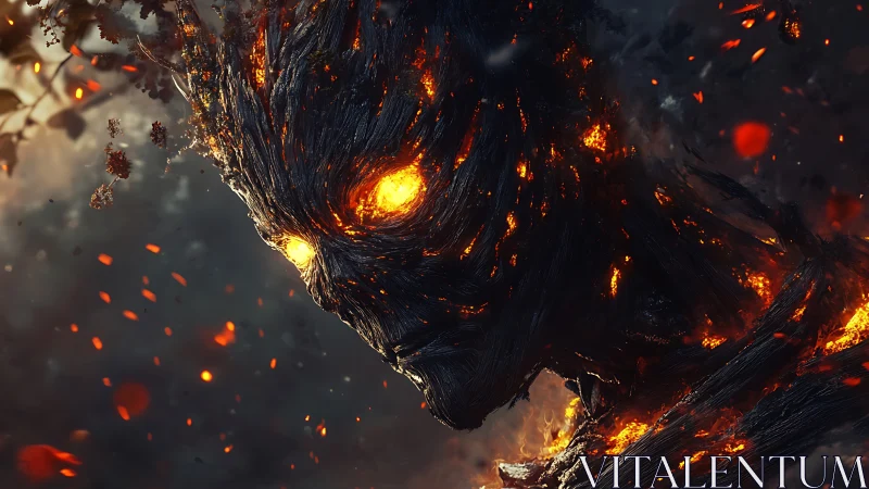 Molten bark elemental portrait in dynamic ember-lit profile.