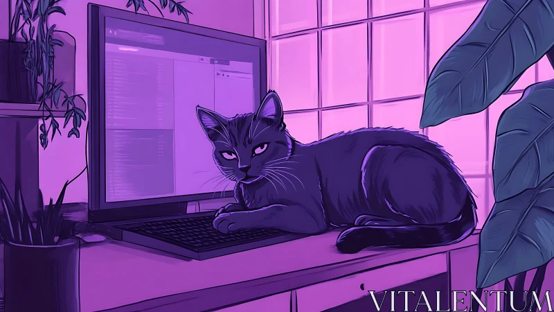 Cozy purple-lit office cat guarding the computer keyboard.