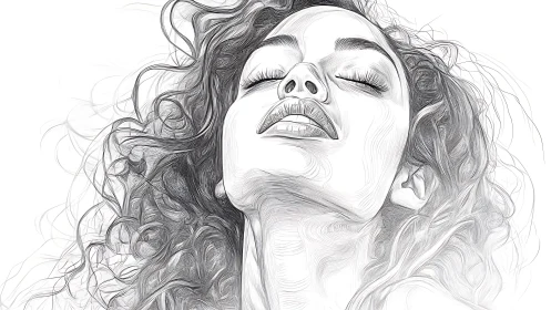 Curly haired woman portrait in expressive pencil lines.