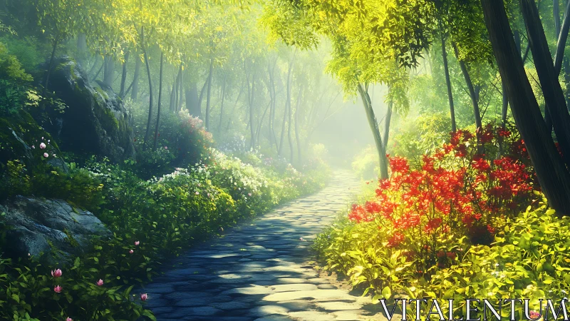 Enchanted Forest Path with Vibrant Floral Canopy.