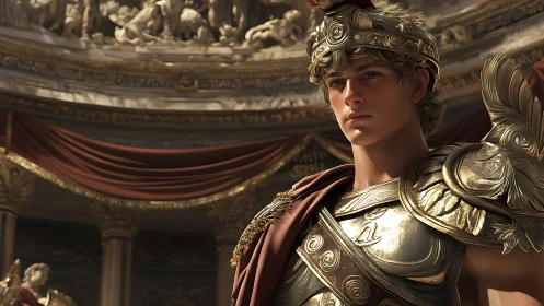 Golden-armored young warrior stands in a grand marble hall