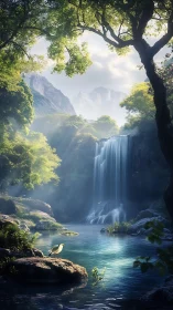 Tranquil waterfall cove with soft light and quiet wildlife.