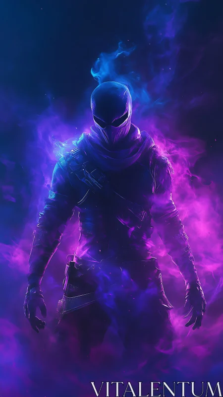 Hooded futuristic warrior stands in neon smoke haze