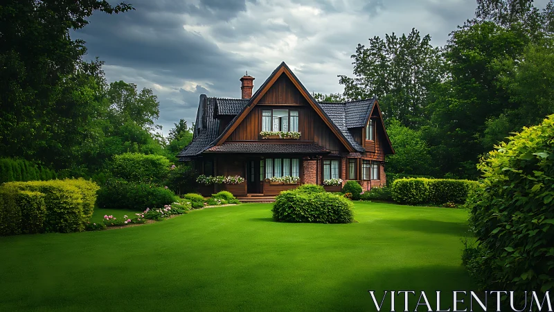 Wooden cottage nestles in manicured garden under clouds.