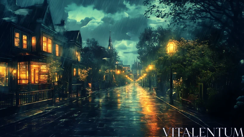 Rain-slicked lantern road hums with midnight windowlight