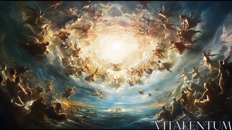 Heavenly host ascends toward a radiant celestial vortex of light