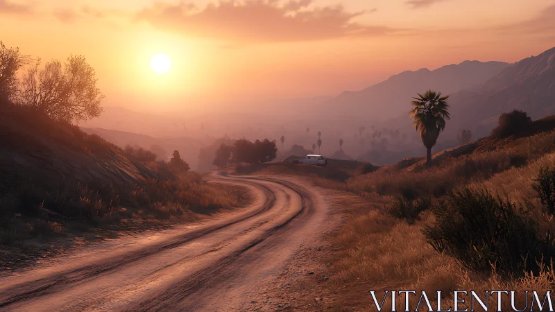 Sunset over winding dirt road in dry valley landscape.