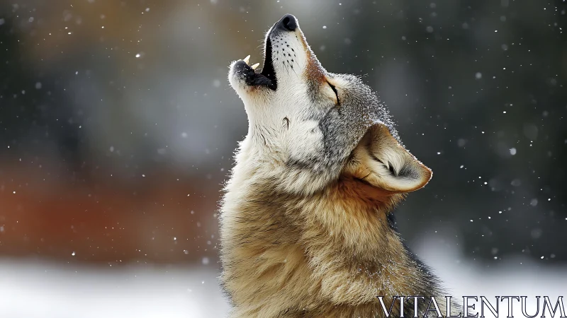 Wild gray wolf howls skyward in soft falling snow.