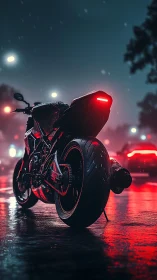 Sport bike waits in neon rain on a slick night street