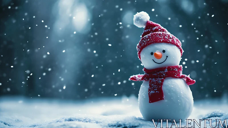 Smiling snowman in red scarf under falling winter snow.