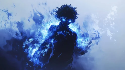 Silhouetted humanoid figure with blue energy aura in mist.