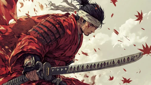 Battle worn samurai in red armor holding drawn katana.