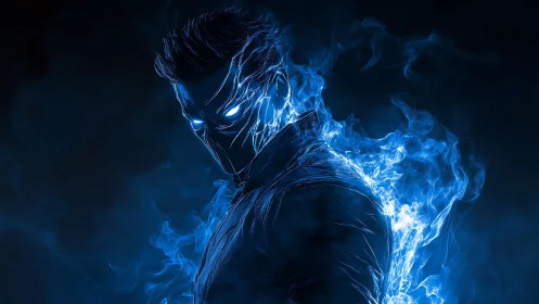 Blue spectral warrior channels searing electric flame power