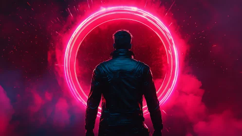 Cyberpunk figure before neon plasma ring in magenta vapor field