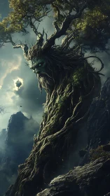 Ancient tree guardian awakens over misty mountain cliffs
