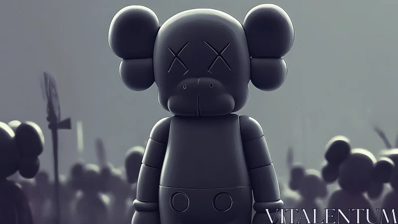 Silent vinyl figure amid hazy pop-surreal crowdscape.