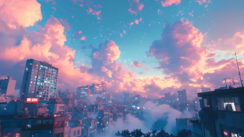 Volumetric cloudscape over neon-tinged highrise skyline.