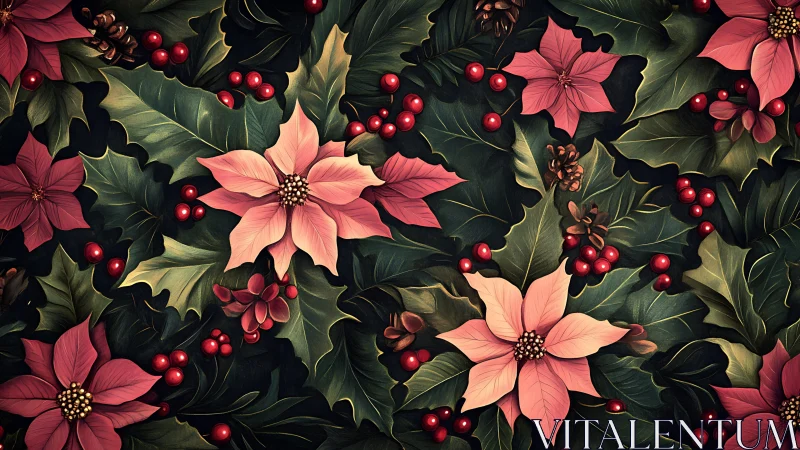 Holiday poinsettias dance through evergreen holly dreams.