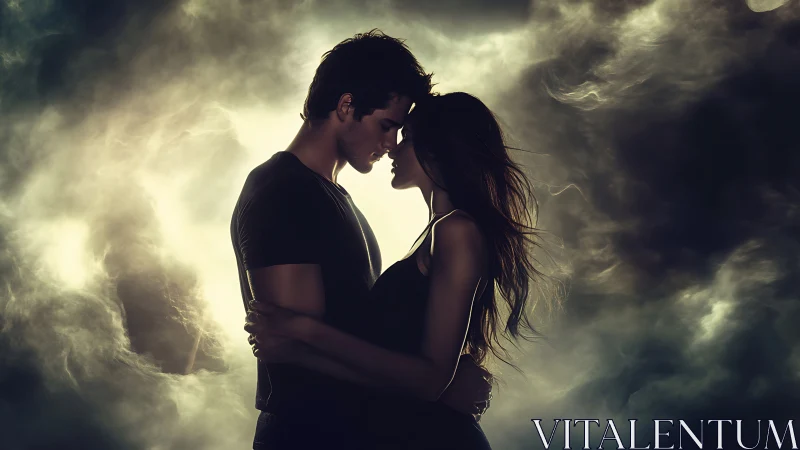 Silhouetted couple with dramatic golden-toned cloud backdrop