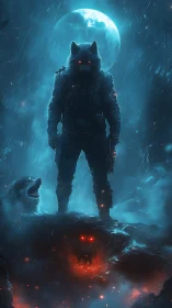 Armored wolf-headed sentinel stands under a rain-soaked moon