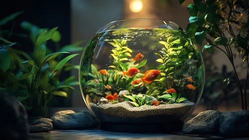 Glowing goldfish bowl oasis in a quiet indoor garden.