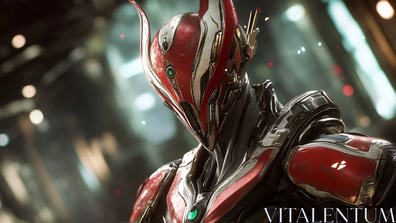 Futuristic red armored hero gazes ahead with calm resolve