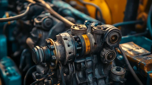 Industrial diesel engine close-up with warm cinematic bokeh.