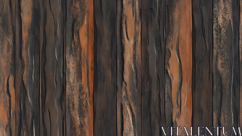 Weathered vertical wood planks with charred rust-brown patina