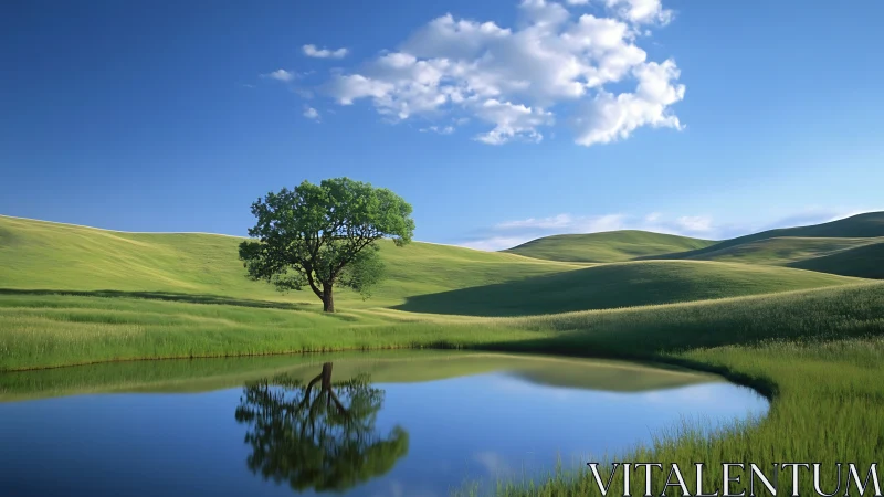 Solitary tree reflects in tranquil pond under wide blue sky