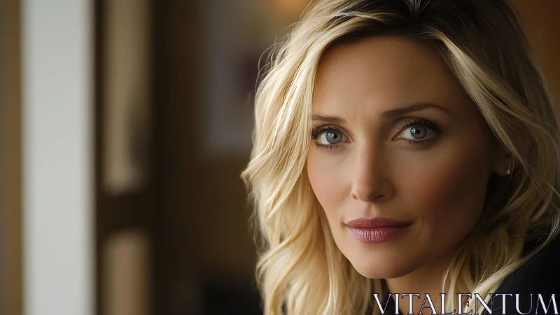 Calm blue gaze in soft golden windowlight portrait study.