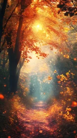 Golden Autumn Forest Canopy with Luminous Sunlight Pathway.
