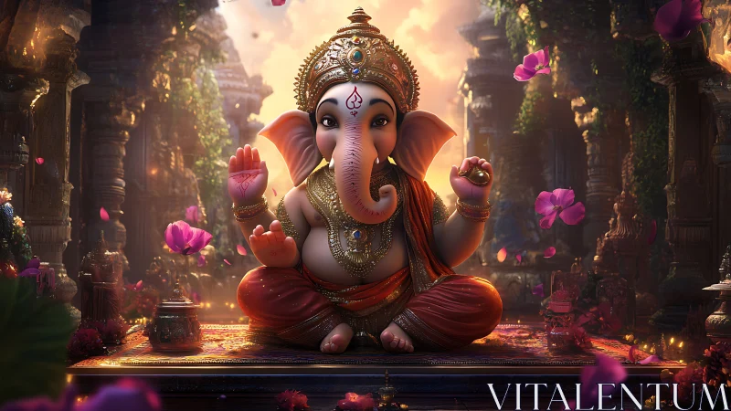 Vibrant digital artwork of Lord Ganesha in ornate temple setting.