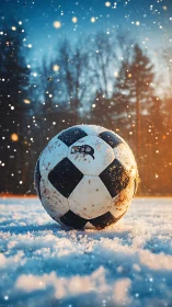 Soccer ball rests on compact snow under shallow depth of field