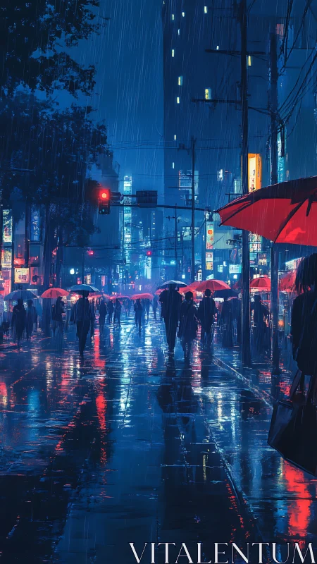 Neon rain parade under red umbrellas in midnight metropolis.