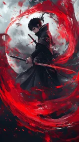 Black-clad swordsman encircled by red energy vortex artwork.