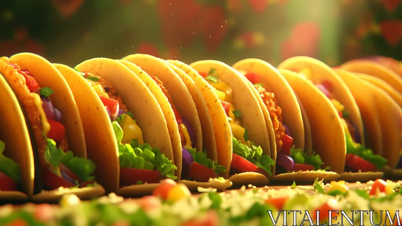 Row of colorful hard shell tacos under warm light.