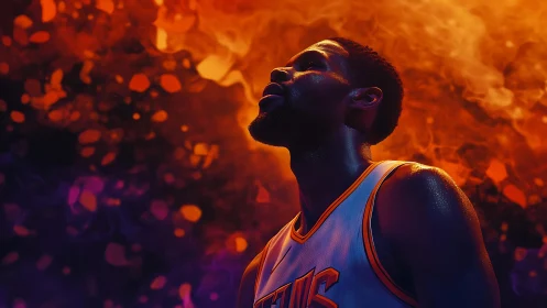 Photorealistic courtside portrait with cinematic neon bokeh lighting.