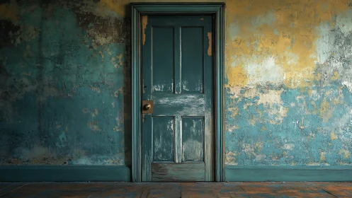 Weathered teal door in distressed blue yellow interior wall.