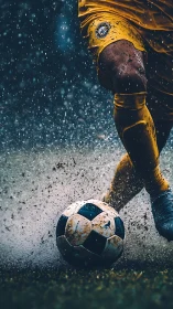 Soccer player drives muddy ball through rain-soaked pitch