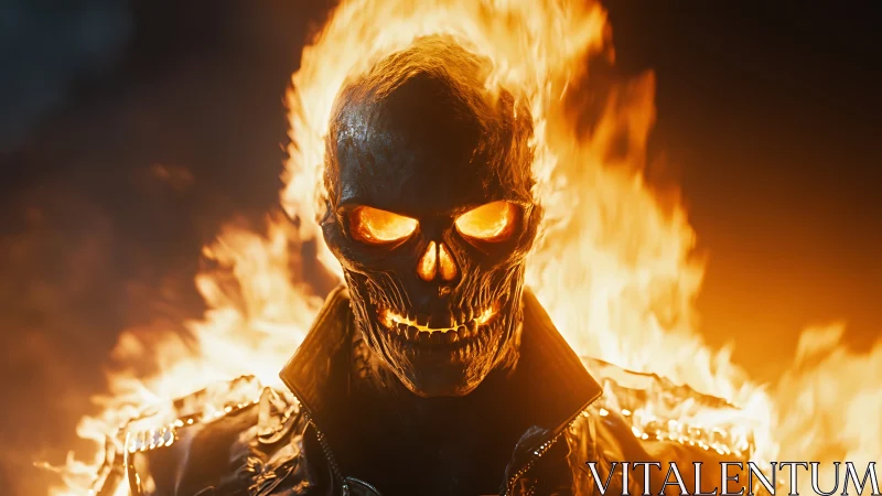 Photorealistic flaming skull rider in molten inferno lighting.