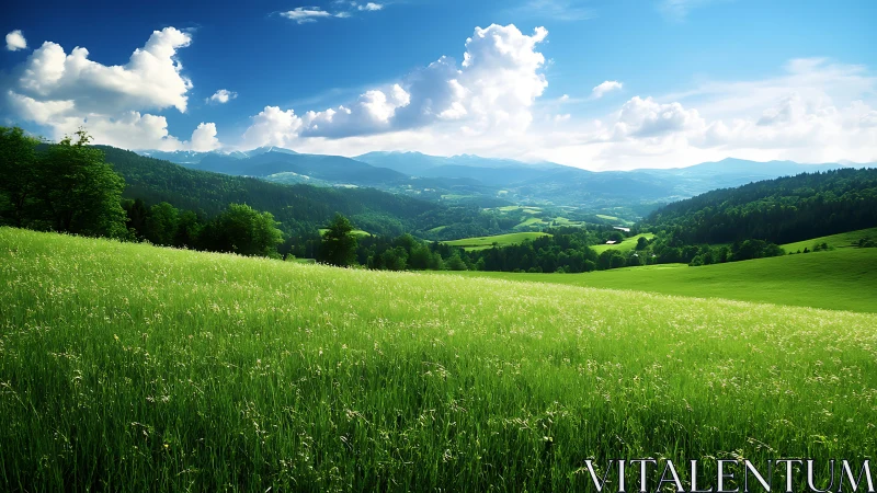 Sunlit meadow rolls softly toward distant blue mountains