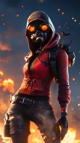 Hooded gas mask figure in red jacket amid distant flames.